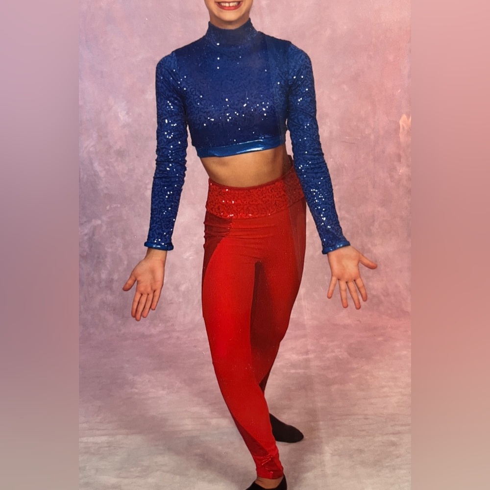 Balera blue sequined long-sleeve crop top and red sequined waist pants